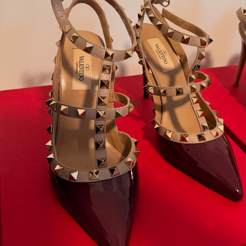 Valentino Deep Red and Beige Rockstud Heels